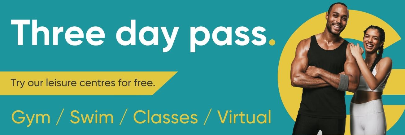Three day pass. Teal background with smiling couple in gym fitness clothing.
